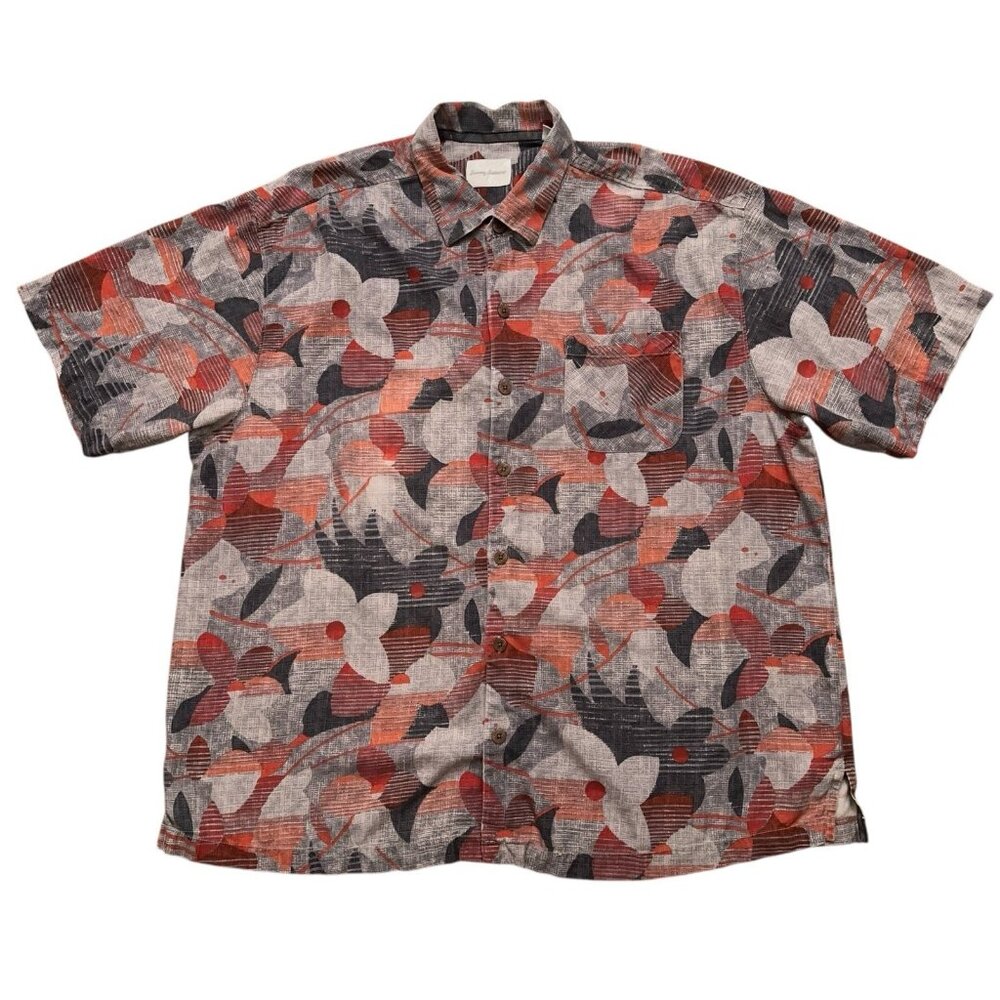 Tommy Bahama Shirt Mens Size XLX Short Sleeve Hawaiian Floral 100% Silk Gray
